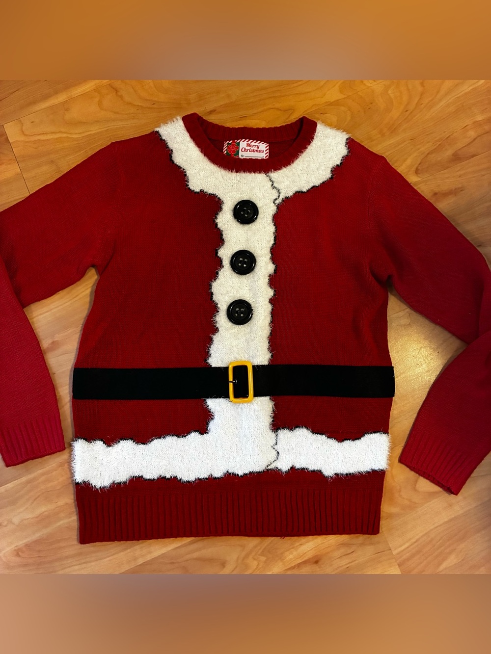Merry Christmas Red Santa Sweater with Buttons and Belt